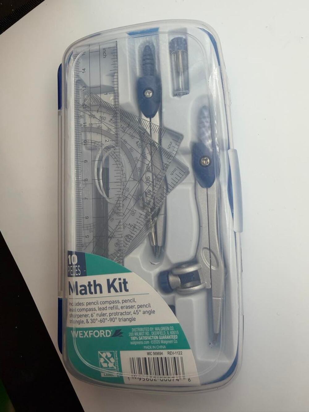 10 Piece Math Kit Educational Math Set with Case/Compass/Protractor